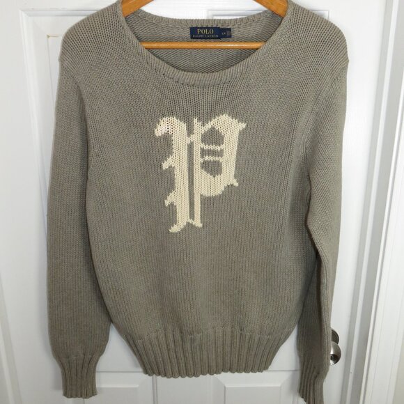 POLO Ralph Lauren Gray Cotton Sweater Ivory Gothic Letter P Round Neck LG - Picture 1 of 5